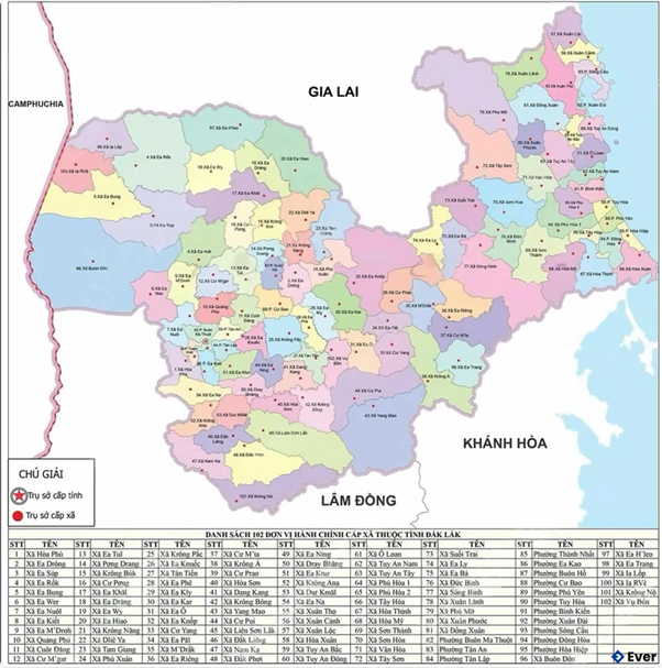 Bản đồ hành chính Đắk Lắk – Phú Yên sau sáp nhập 2025, thể hiện ranh giới hành chính và khu vực phát triển đô thị chính.