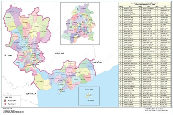Bản đồ hành chính Thành phố Hồ Chí Minh sau sáp nhập 2025, mở rộng ra vùng công nghiệp và cảng biển.