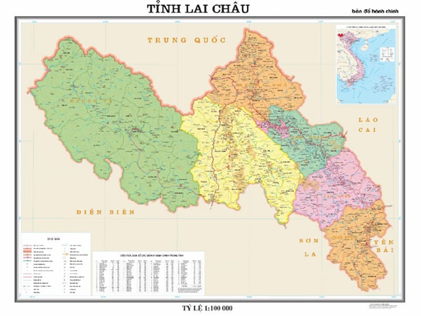 Bản đồ hành chính tỉnh Lai Châu và các khu vực trọng điểm: TP Lai Châu, Tam Đường, Tân Uyên, Phong Thổ