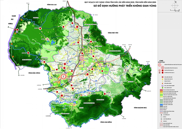 Bản đồ quy hoạch vùng Đắk Lắk – Phú Yên 2025, thể hiện các trục phát triển trọng điểm.