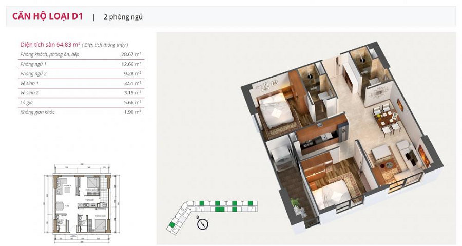 Mặt bằng căn hộ 2 ngủ The Sparks Hoàng Quốc Việt