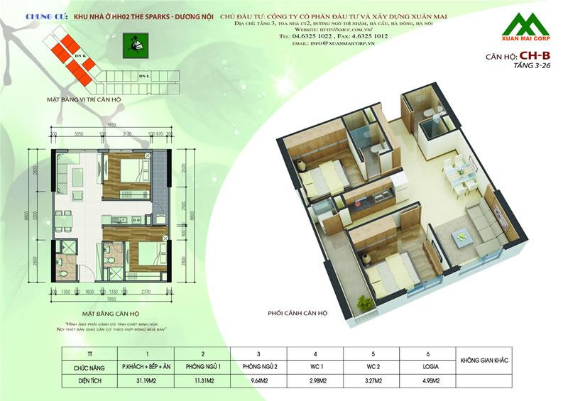 Mặt bằng căn hộ 3 ngủ The Sparks Hoàng Quốc Việt