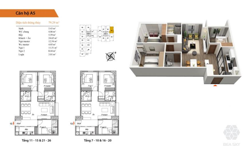 Mặt bằng căn hộ A5 chung cư Bea Sky Nguyễn Xiển