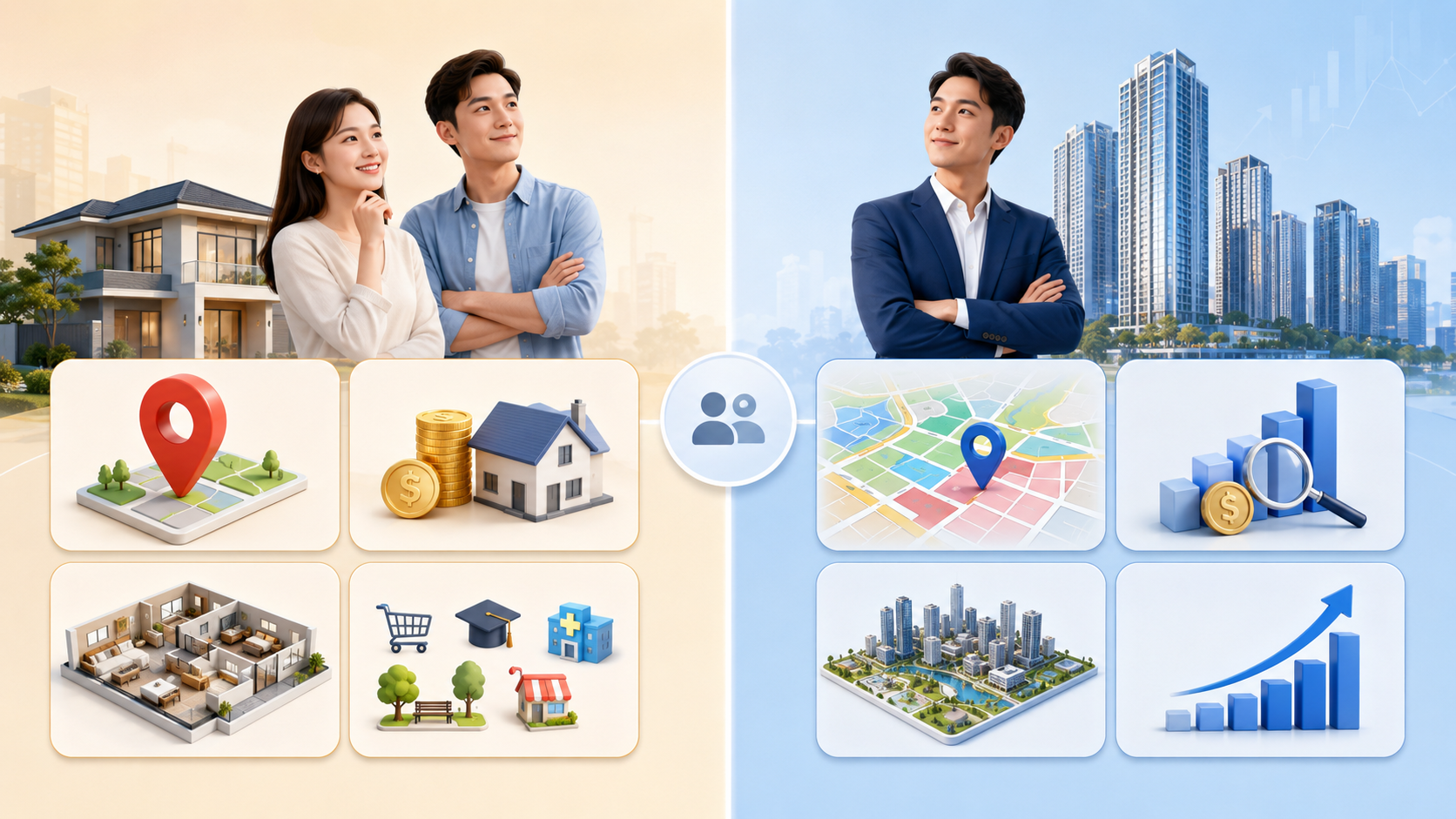 Người mua ở thực và nhà đầu tư có tiêu chí sàng lọc khác nhau, từ nhu cầu sinh hoạt đến dữ liệu khu vực, quy hoạch và giá tham khảo.