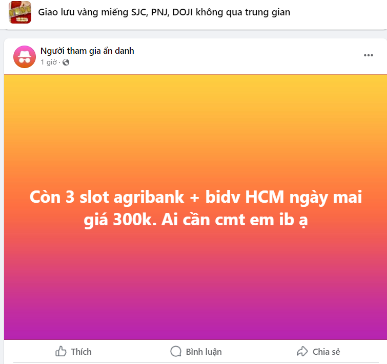 
Trung bình mỗi giờ đồng hồ sẽ có hàng chục các bài đăng với nội dung còn suất mua vàng online được đăng trên các hội nhóm
