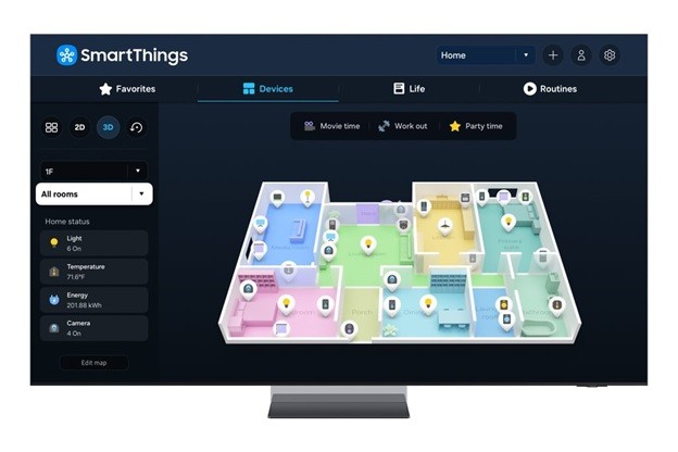 
Samsung SmartThings 3D Map View được hỗ trợ bởi AI giúp lên sơ đồ ảo cho nhà thông minh, thuận tiện cho việc quản lý và vận hành các thiết bị.
