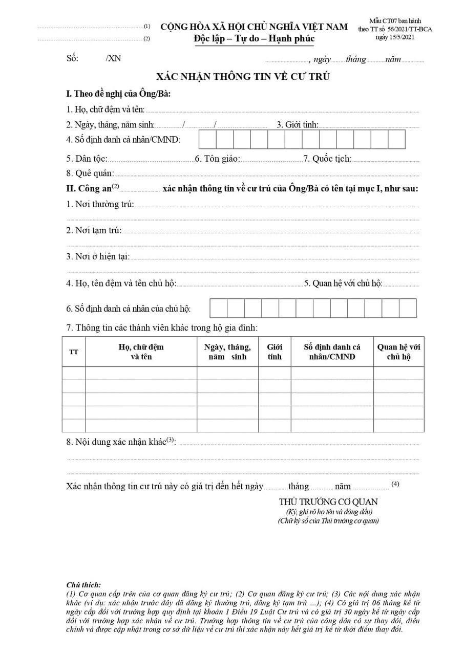 Tờ khai xác nhận các thông tin về cư trú theo mẫu CT07.