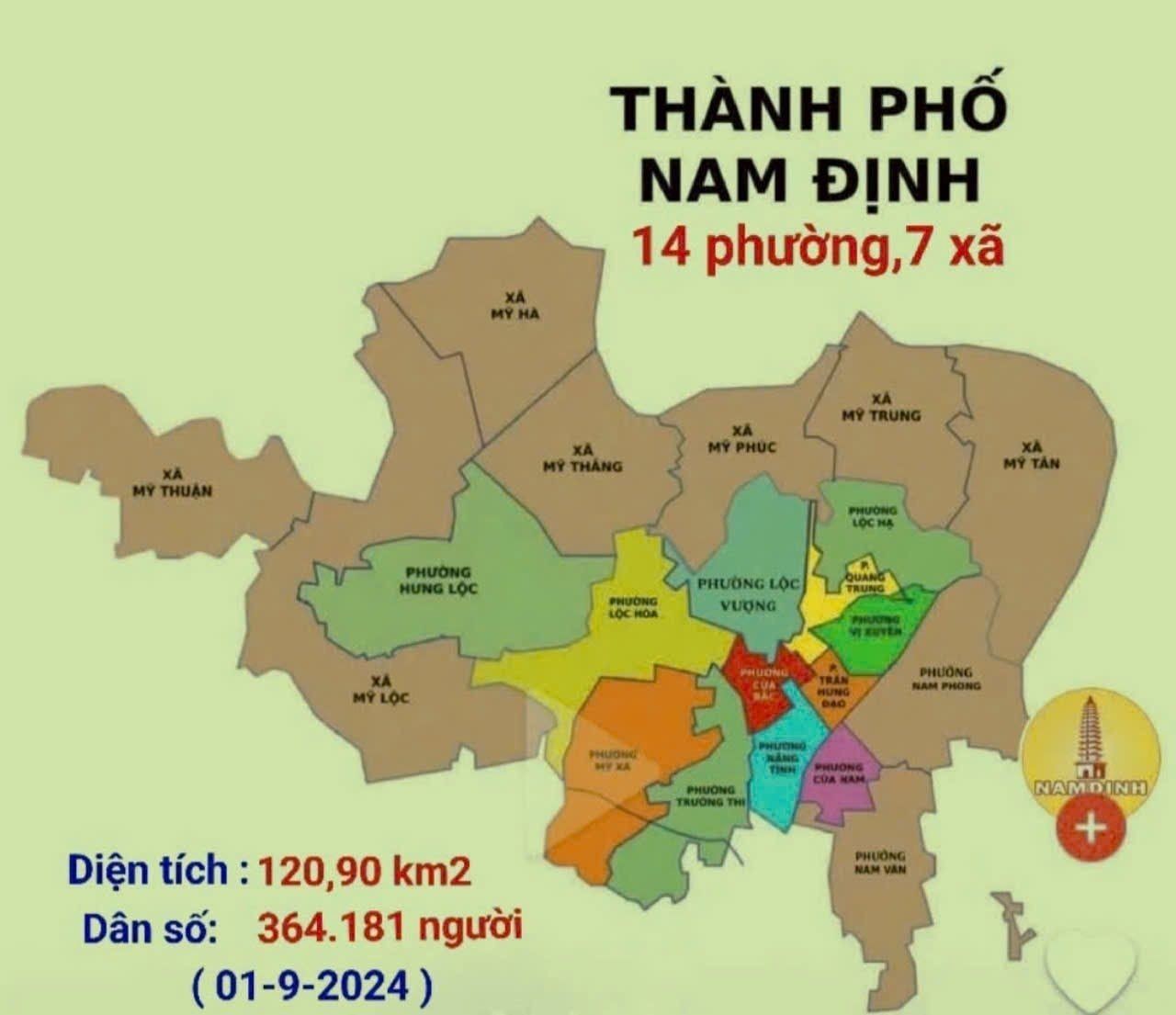 
Bản đồ hành chính của TP. Nam Định. Dự án khu NOXH Bãi Viên thuộc phường Mỹ Xá (màu cam).
