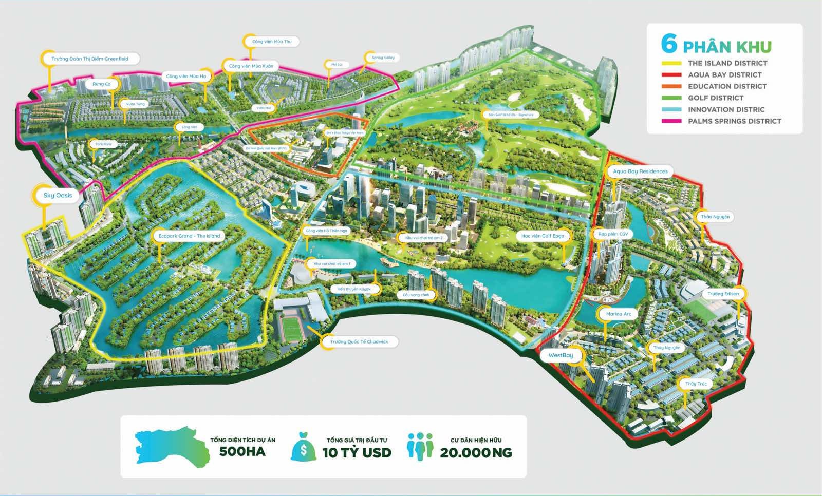 
Mặt bằng tổng thể Ecopark và các phân khu Rừng Cọ, Aquabay, Quần Đảo
