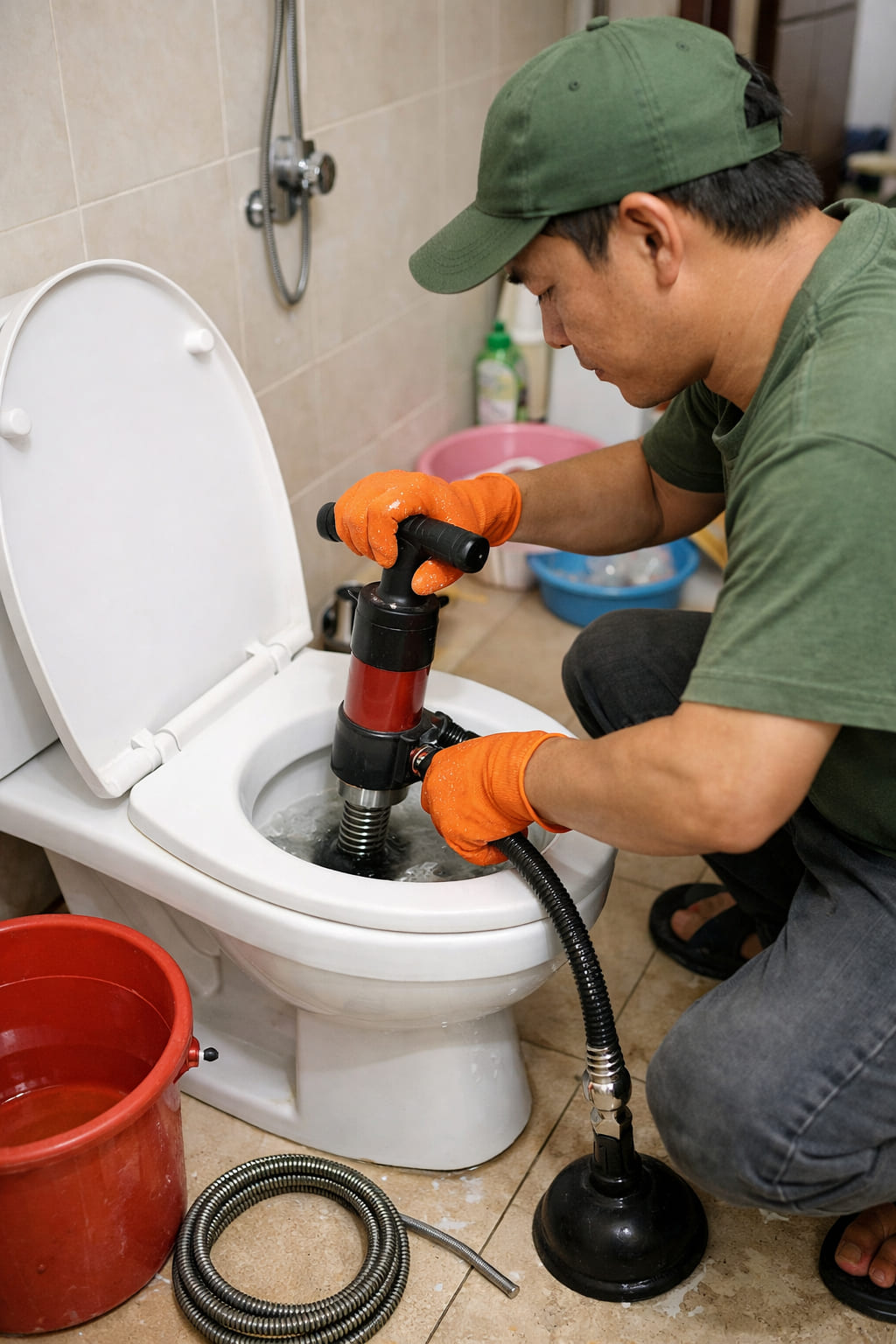 
Ảnh 3: Cách thông bồn cầu bị nghẹt bằng dụng cụ chuyên dụng
