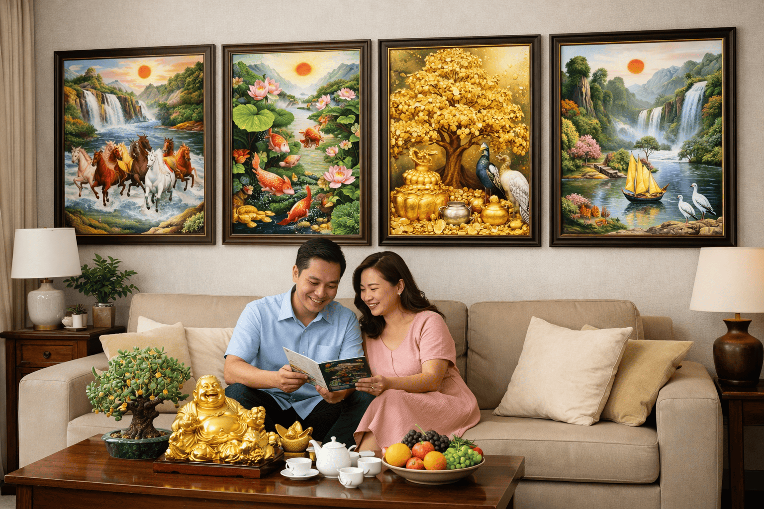 
Ảnh 2: Các loại tranh treo phòng khách sinh tài lộc phổ biến hiện nay
