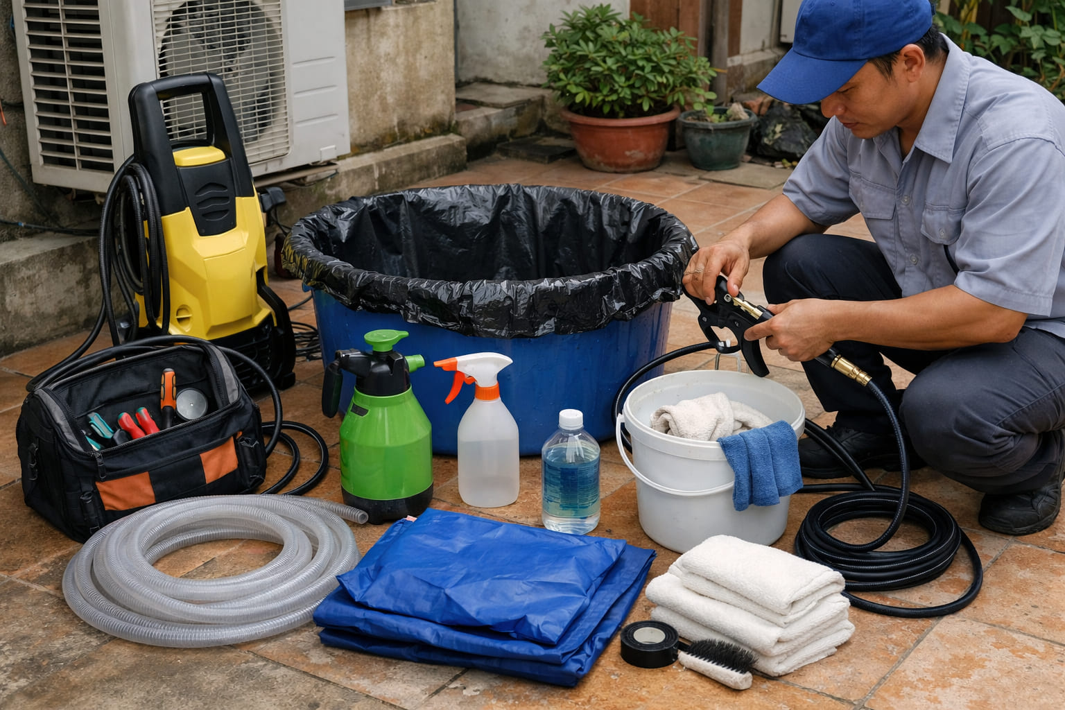 
Ảnh 2: Chuẩn bị dụng cụ vệ sinh máy lạnh

