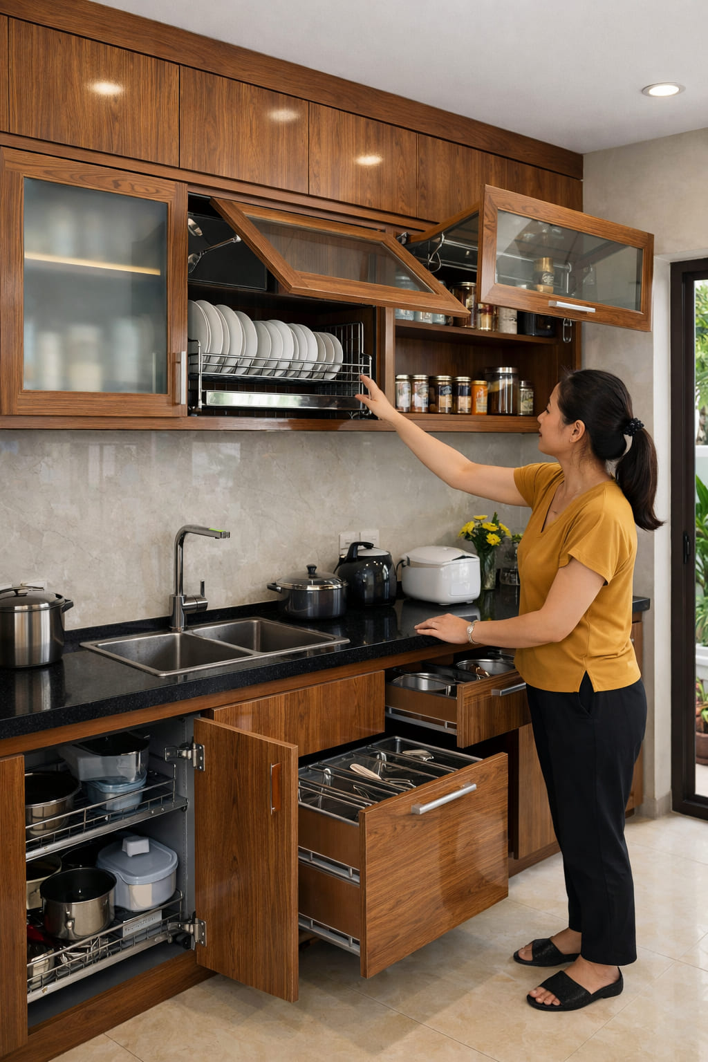
Ảnh 2: Đặc điểm cấu tạo của tủ bếp nhôm kính giả gỗ cao cấp

