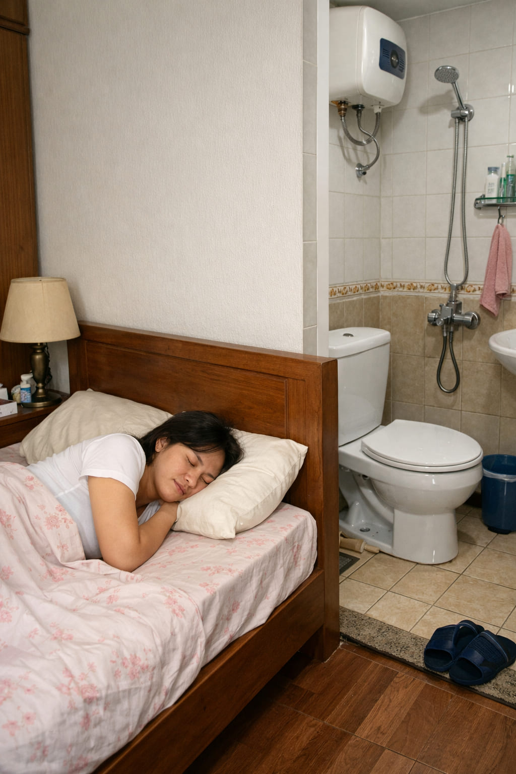 
Ảnh 1: Đầu giường dựa vào tường vệ sinh là gì? Có nên bố trí như vậy không
