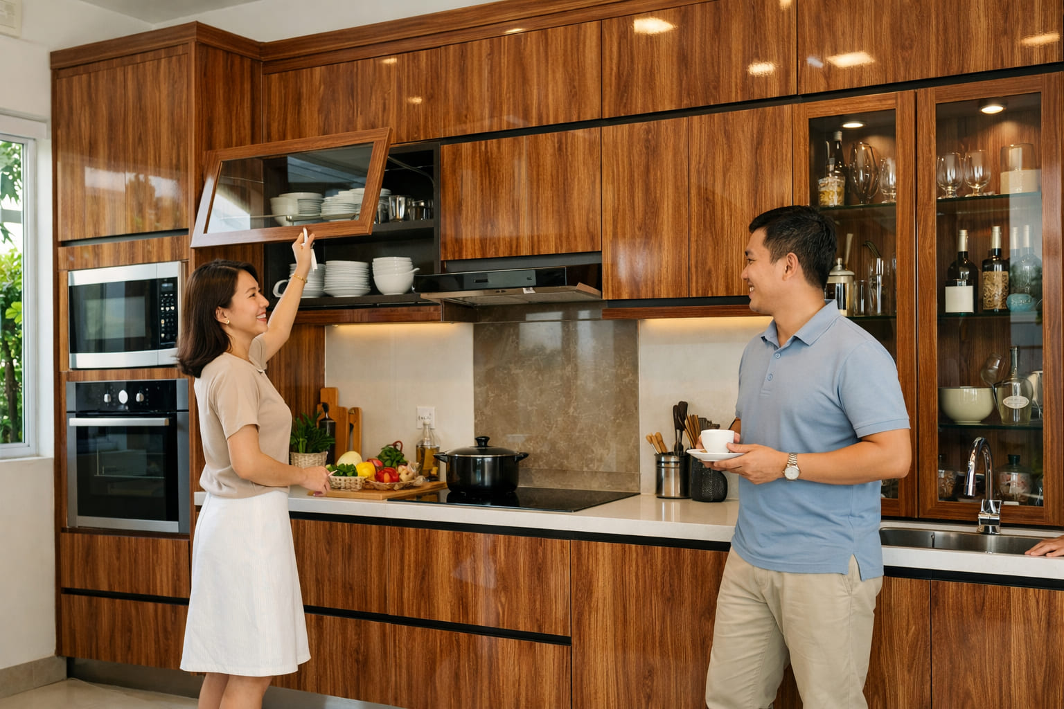 
Ảnh 3: Ưu điểm nổi bật của tủ bếp nhôm kính giả gỗ cao cấp
