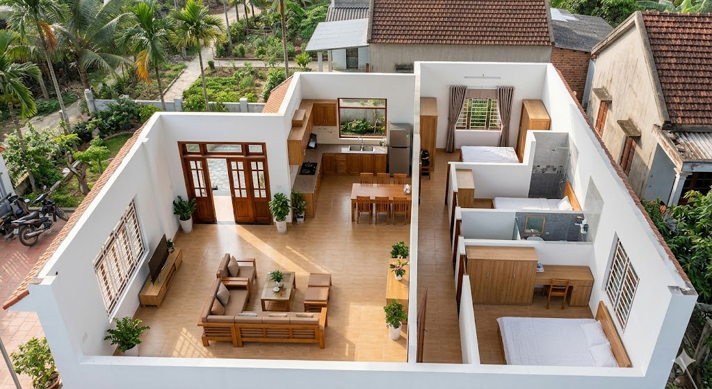 
Ảnh 3: Bố trí mặt bằng công năng nhà cấp 4 3 phòng ngủ
