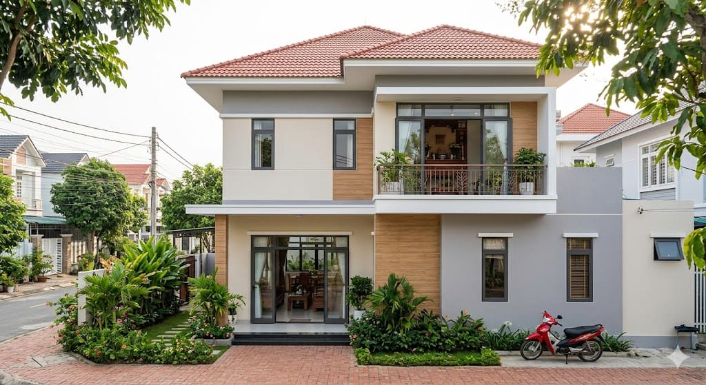 Ảnh 1: Giới thiệu tổng quan mẫu nhà 2 tầng 4 phòng ngủ 1 phòng thờ