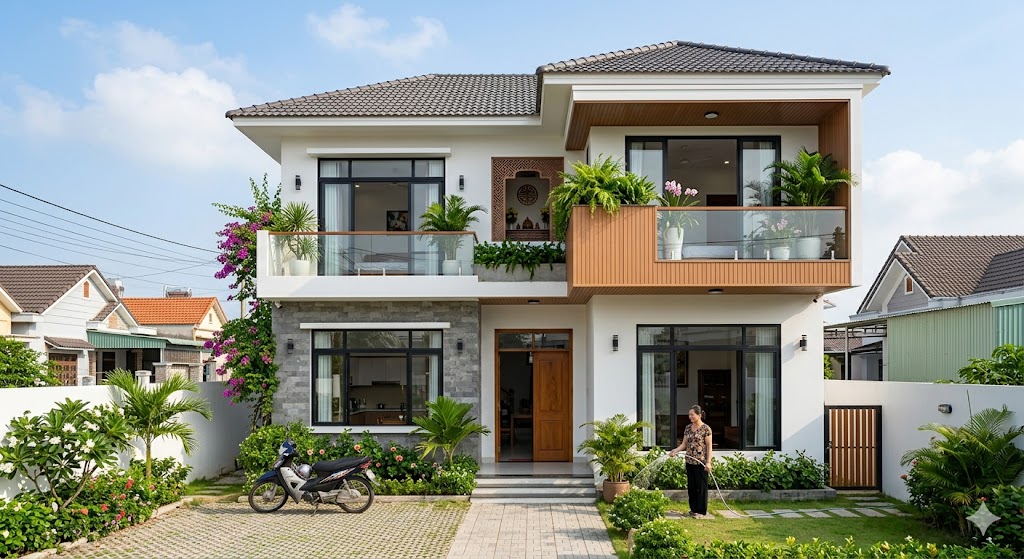 
Ảnh 1: Mẫu nhà 2 tầng 4 phòng ngủ 1 phòng thờ là gì? Tổng quan thiết kế
