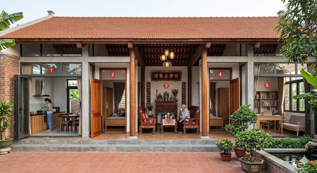 
Ảnh 3: Bố trí công năng trong mẫu nhà 5 gian hiện đại

