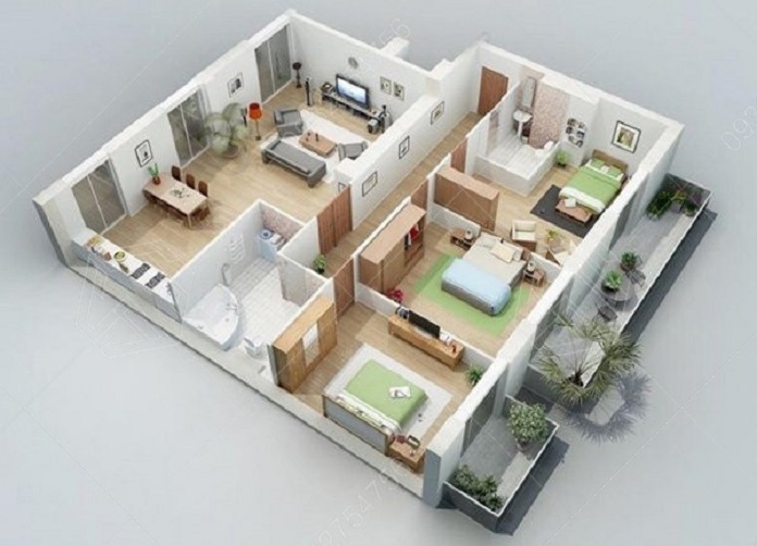 
Hình 3: Mẫu thiết kế công năng nhà 1 tầng 3 phòng ngủ phổ biến hiện nay

