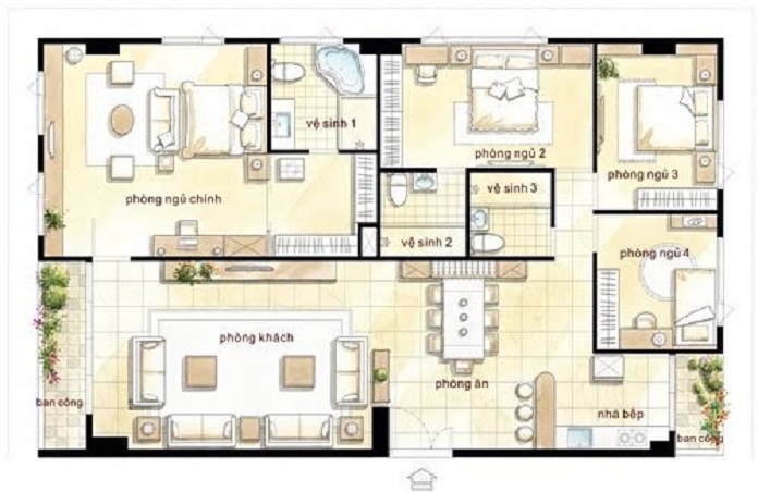 
Hình 7: Bản vẽ thiết kế nhà 1 tầng 4 phòng ngủ dành cho gia đình nhiều thế hệ
