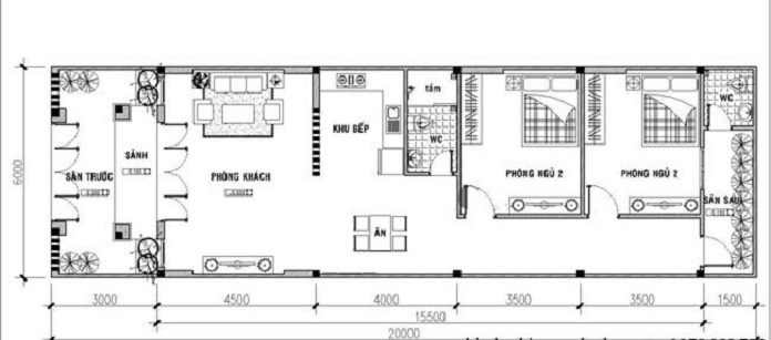 
Hình 9: Bản vẽ mặt bằng căn nhà 1 ống 1 tầng với 2 phòng ngủ thông dụng

