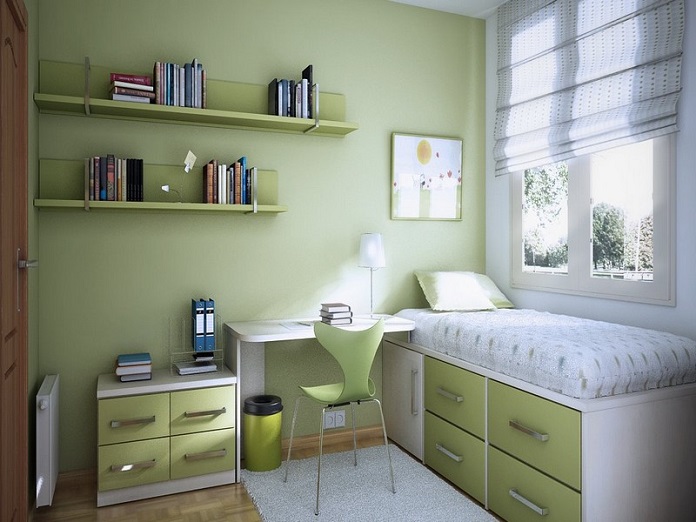  Màu xanh cốm cùng với đồ nội thất nhỏ gọn làm phòng ngủ không bị bí bách