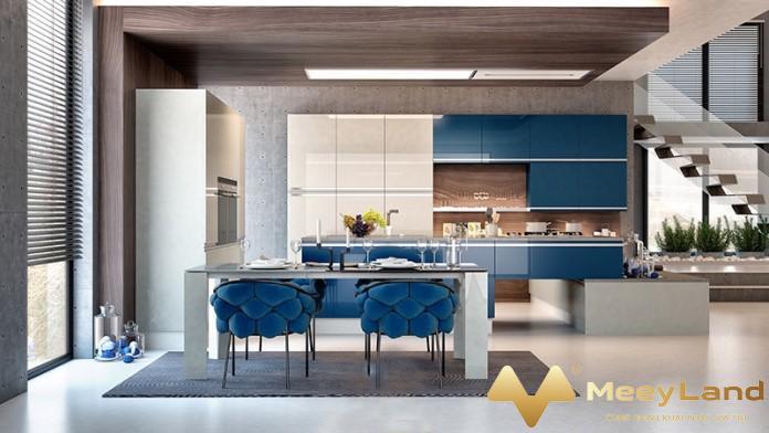 
Ảnh 2: Thiết kế nội thất nhà bếp với tông màu xanh mát mẻ (Nguồn: Internet)
