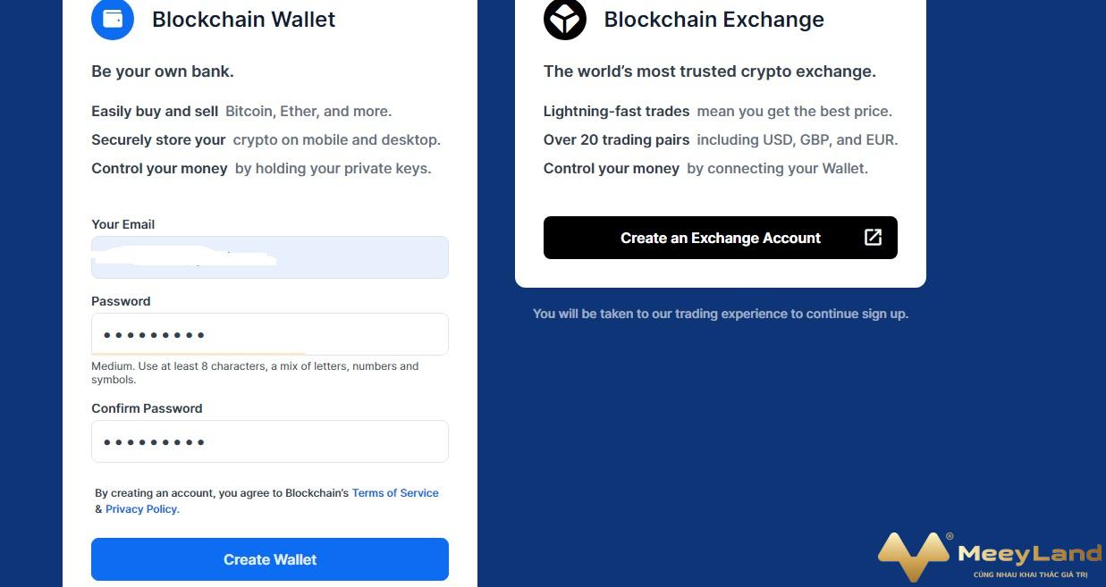  Ảnh 3 : Điền địa chỉ email và tạo mật khẩu cho ví Bitcoin của mình rồi nhấn chọn Create Wallet ( Nguồn : Internet )