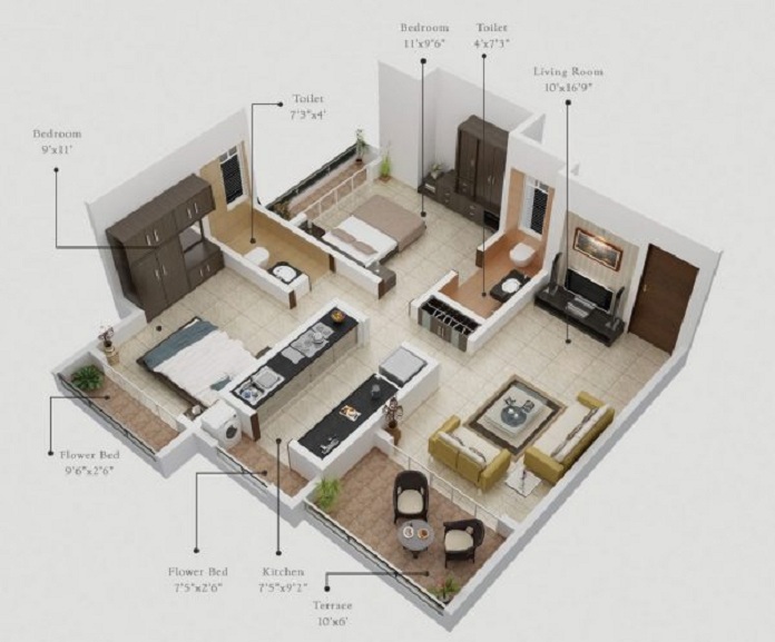 
Ảnh 13: Bản vẽ mặt bằng 3D cho căn hộ chung cư 70m2
