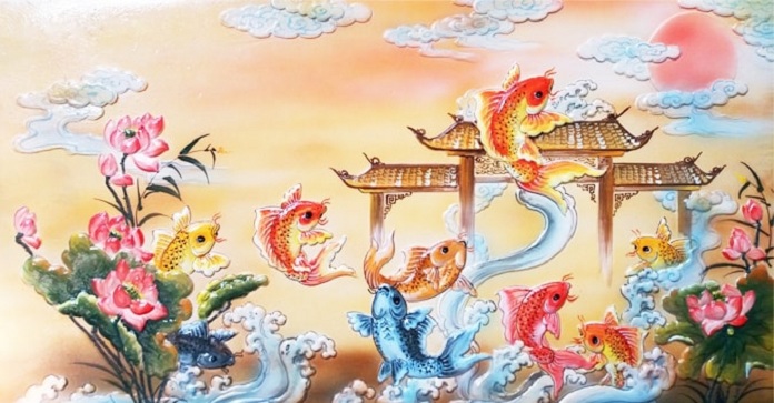 
Ảnh 5: Mẫu tranh cá chép vượt Vũ Môn sở hữu màu sắc sinh động vô cùng bắt mắt
