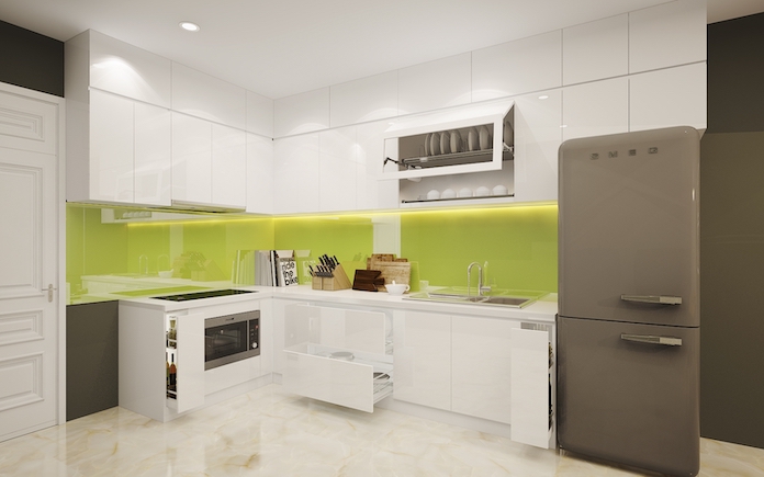 
Hình 13: Bạn có thể ốp gạch trên bếp và trên tường thành màu xanh lá để hạn chế tính xung khắc khi đặt bếp và bồn rửa với nhau
