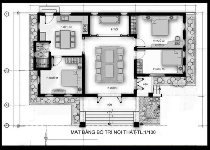 
Hình 6: Bản vẽ nhà cấp 4 mái thái hình chữ L 4 phòng ngủ
