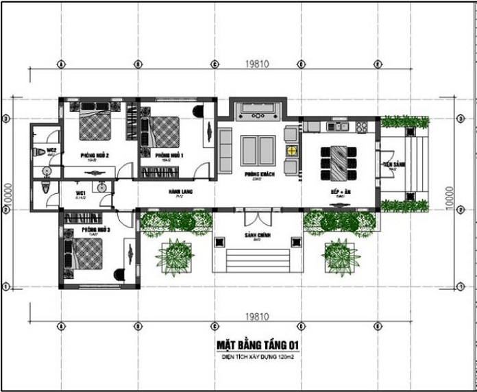 
Hình 5: Bản vẽ mặt bằng của biệt thự có tất cả 3 gian phòng ngủ rộng
