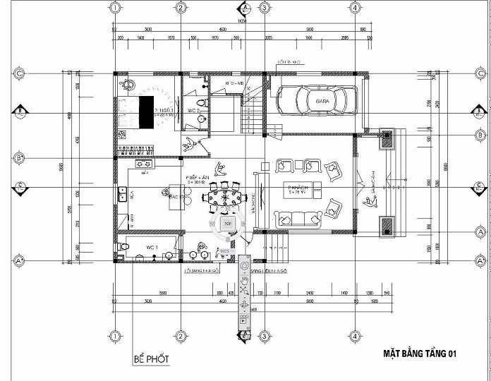 
Hình 3: Bản vẽ mặt bằng tầng 1 của ngôi nhà với các&nbsp; phòng chức năng
