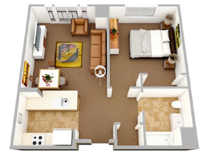 
Mặt bằng 3D mẫu căn hộ chung cư có diện tích 40m2
