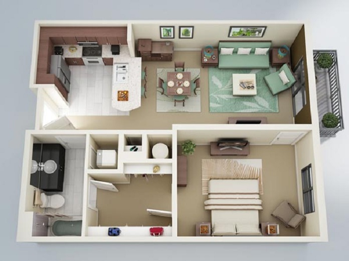 
Mô hình 3D bố trí nội thất chung cư có diện tích 50m2
