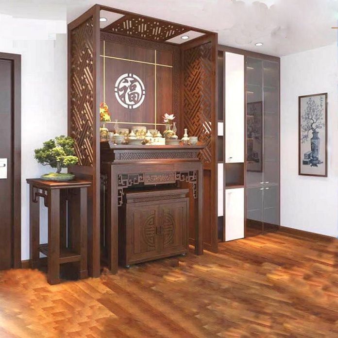 Ảnh 7: Tủ thờ chung cư được đo bằng thước lỗ ban với chiều cao thống nhất chung là 127cm chiều rộng tùy thuộc không gian trong gia đình