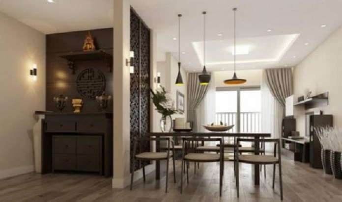 Ảnh 10: Không gian thờ được thiết kế màu nâu đậm, tường màu trắng và hệ thống đèn vừa đảm bảo giá trị thẩm mỹ vừa tạo ra một không gian linh thiêng