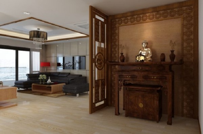 Ảnh 11: Mẫu bàn thờ cho nhà chung cư rộng với tông màu trầm trang nghiêm