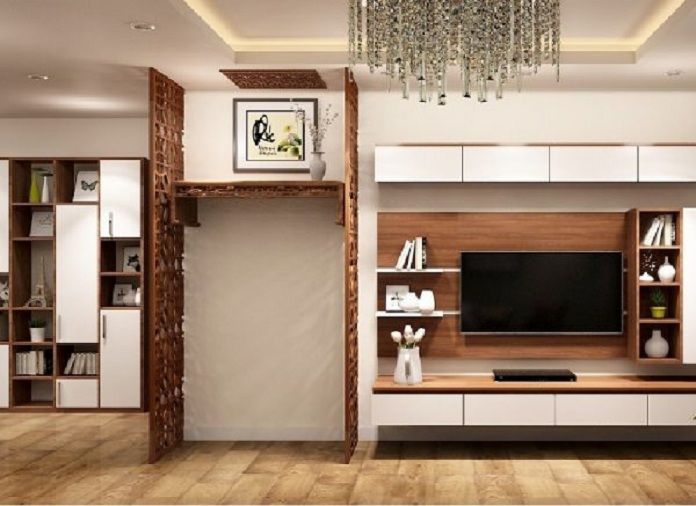 Ảnh 12: Sử dụng vách ngăn chia khu vực tủ tivi và tủ sách và bàn thờ đảm bảo cho không gian thờ cúng