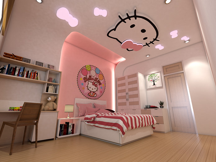 
Ảnh 9: Mẫu trần phòng ngủ cho bé gái màu hồng hình mèo hello kitty dễ thương
