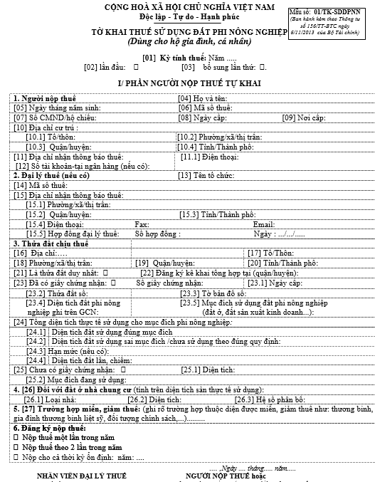 8. Mẫu tờ khai thuế sử dụng đất phi nông nghiệp mới nhất
