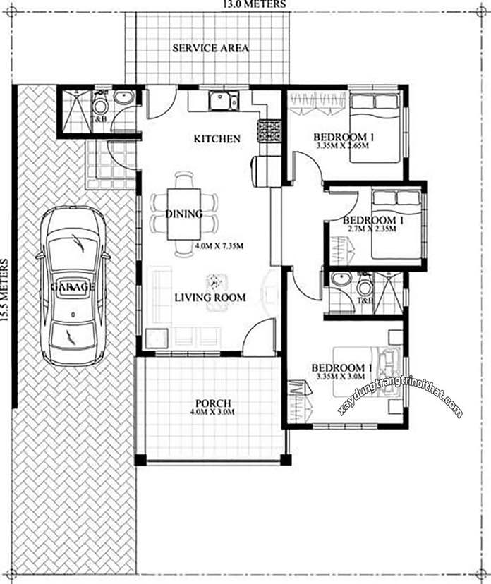 
Ảnh 9: Bản vẽ thiết kế nhà cấp 4 mái lệch 3 phòng ngủ
