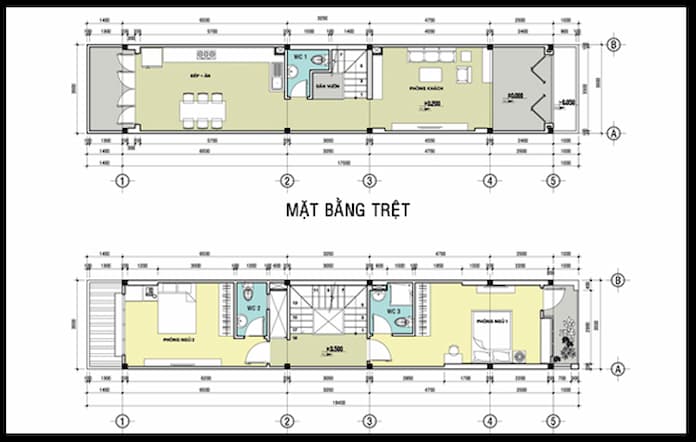 
Ảnh 3. Đối với nhà ống 2 tầng chúng ta có thể bố trí phòng khách đến phòng bếp ở tầng 1 còn phòng ngủ và nhà vệ sinh ở tầng 2
