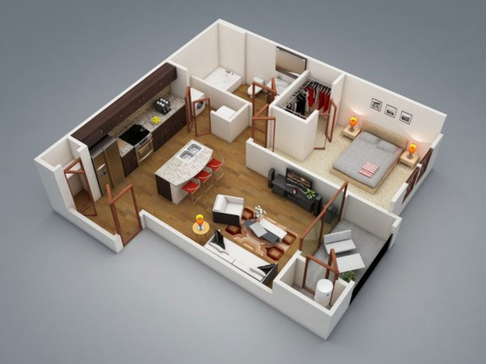  Ảnh 1: Nội thất chung cư 60m2 với phòng khách nối liền bếp