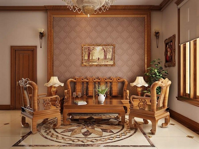 
Phòng khách tích hợp bàn ghế gỗ kiểu cổ điển
