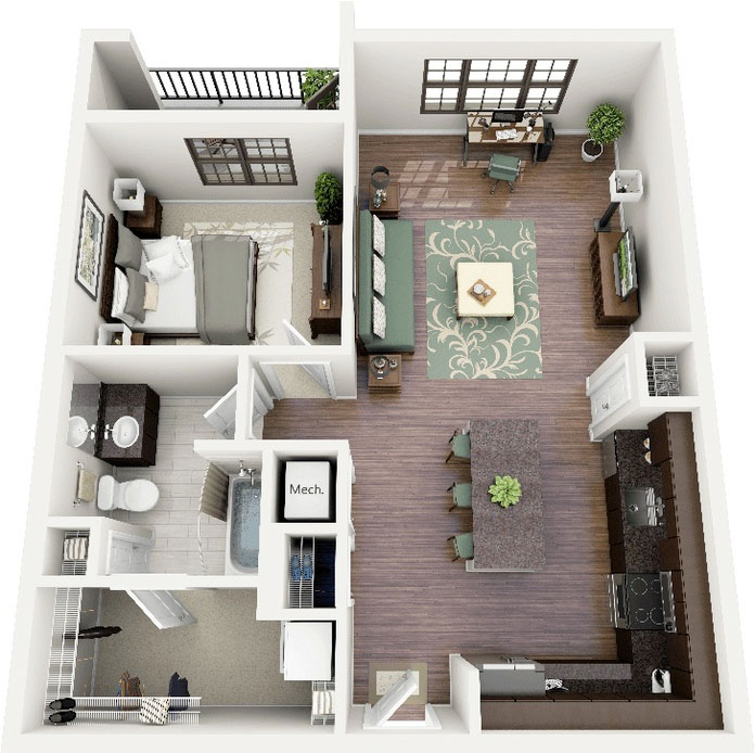  Ảnh 17: Thiết kế chung cư mặt bằng chữ nhật với bếp và phòng khách trong không gian mở