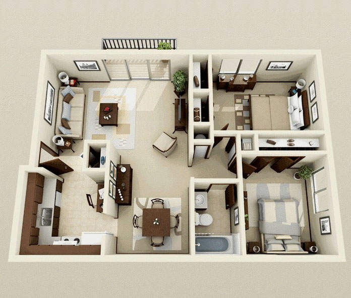  Ảnh 19: Mẫu thiết kế căn hộ 60m2 2 phòng ngủ với tông màu nâu