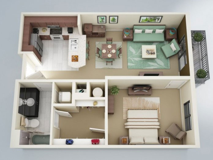  Ảnh 2: Mẫu chung cư 60m2 với khu vực bếp và phòng khách chung một không gian